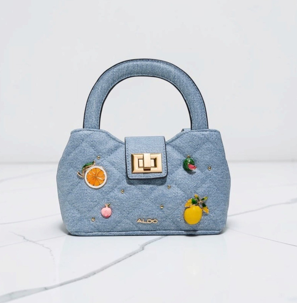 ALDO Women’s Mini Handbag Blue Denim Fruit Charm Top Handle Satchel Purse